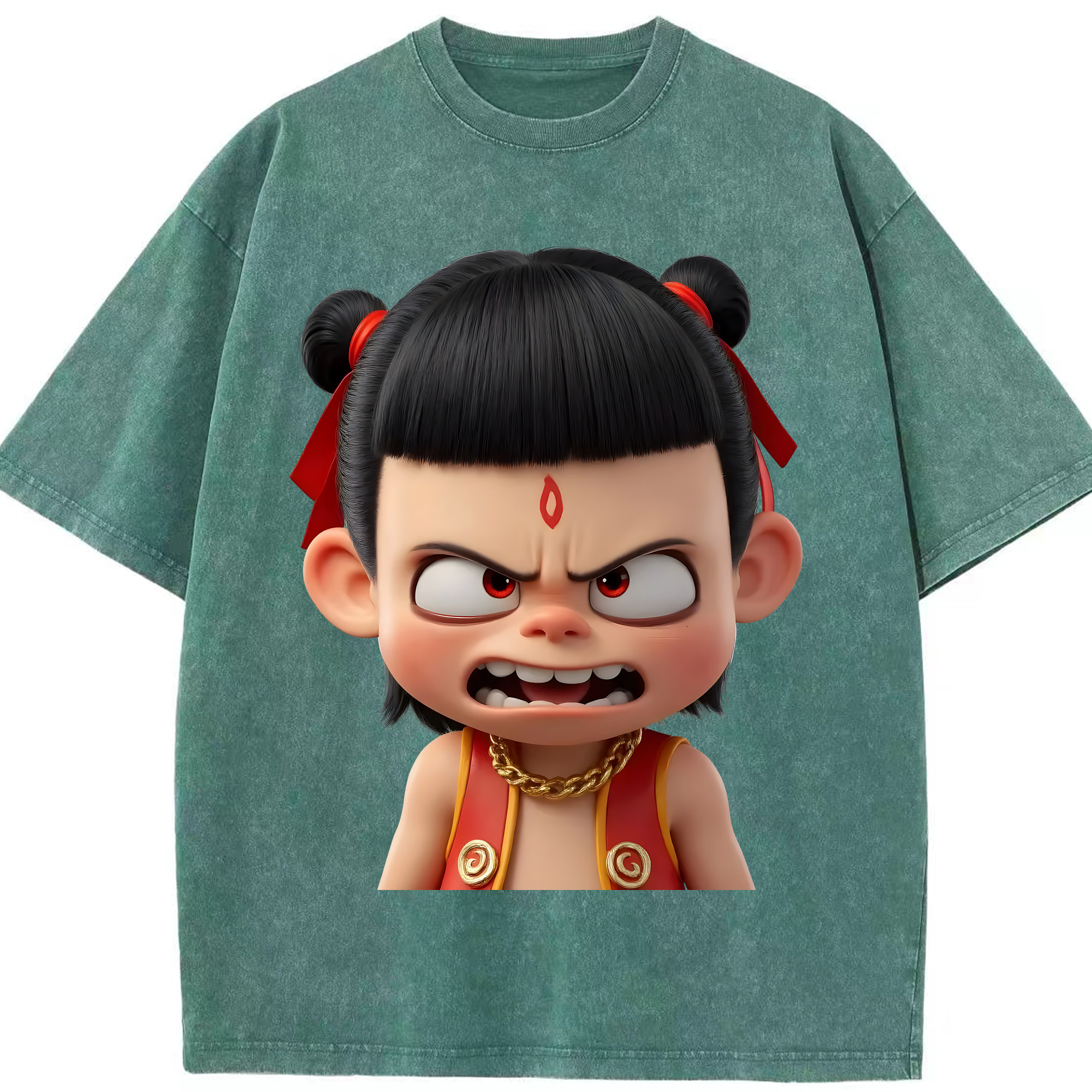 （画像用） Ne Zha 2 ナタ 魔童の大暴れ 綿100% ヴィンテージ風 半袖Tシャツ（フロントプリント）